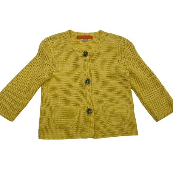 CYNTHIA STEFFE Yellow Cotton Knit Jeweled 3/4 Sleeve Cardigan Women's Sz XS - Picture 1 of 7